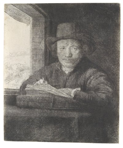 Selbstbildnis am Fenster zeichnend von Rembrandt van Rijn